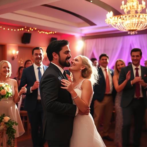 Dynamische foto van een bruiloftsreceptie met lachende gasten, sfeervolle decoratie en dansende koppels.