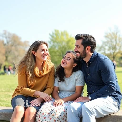 Een gezin lacht samen tijdens een buiten fotoshoot in een park.