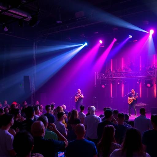 Energieke foto van een live muziekoptreden met spotlights en een enthousiast publiek.