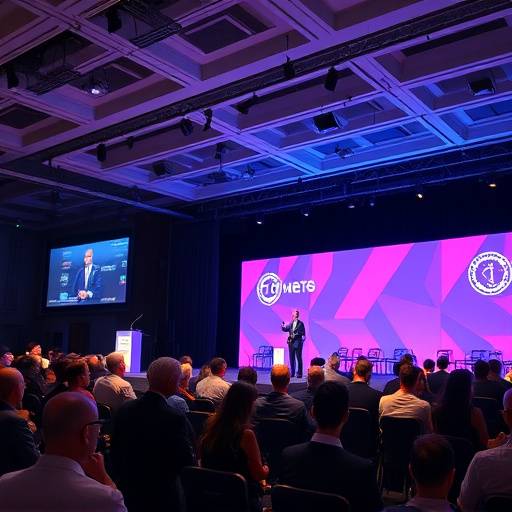 Foto van een bedrijfsevenement met spreker op een podium en publiek in een congrescentrum.