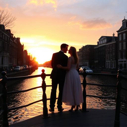 Koppelfoto van een stel op een brug bij zonsondergang aan de grachten