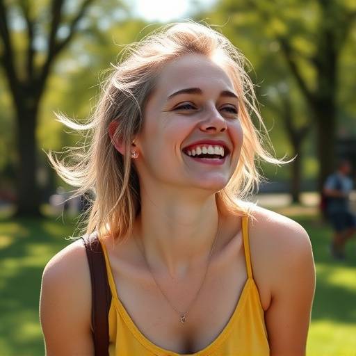 Portret van een lachende jonge vrouw in het Vondelpark