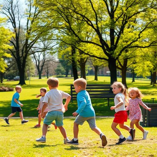 Vrolijke foto van kinderen die spelen in een park op een zonnige dag, met dynamische beweging en heldere kleuren.
